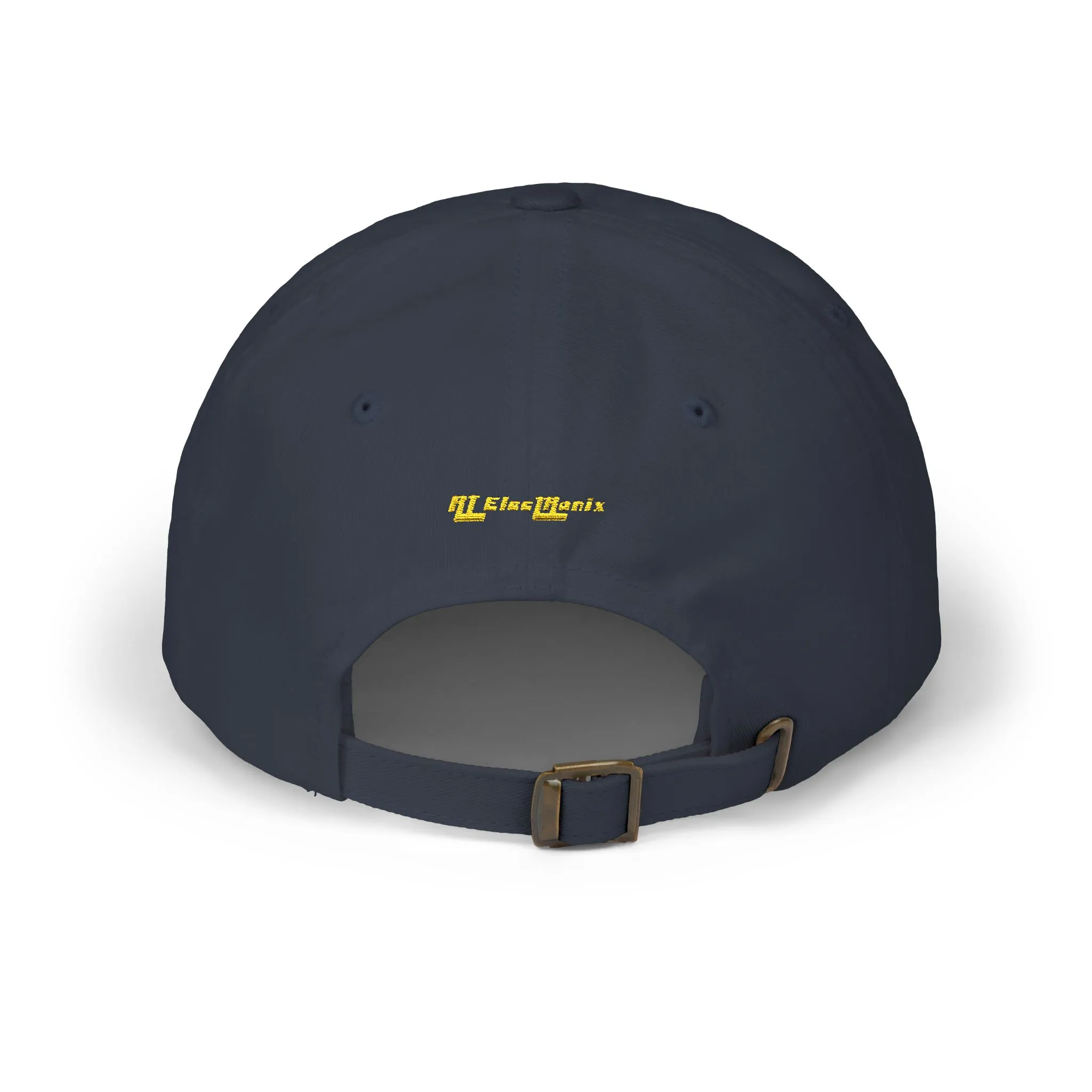 Navy baseball cap embroidered with a yellow question mark, shown in product and modeled views.