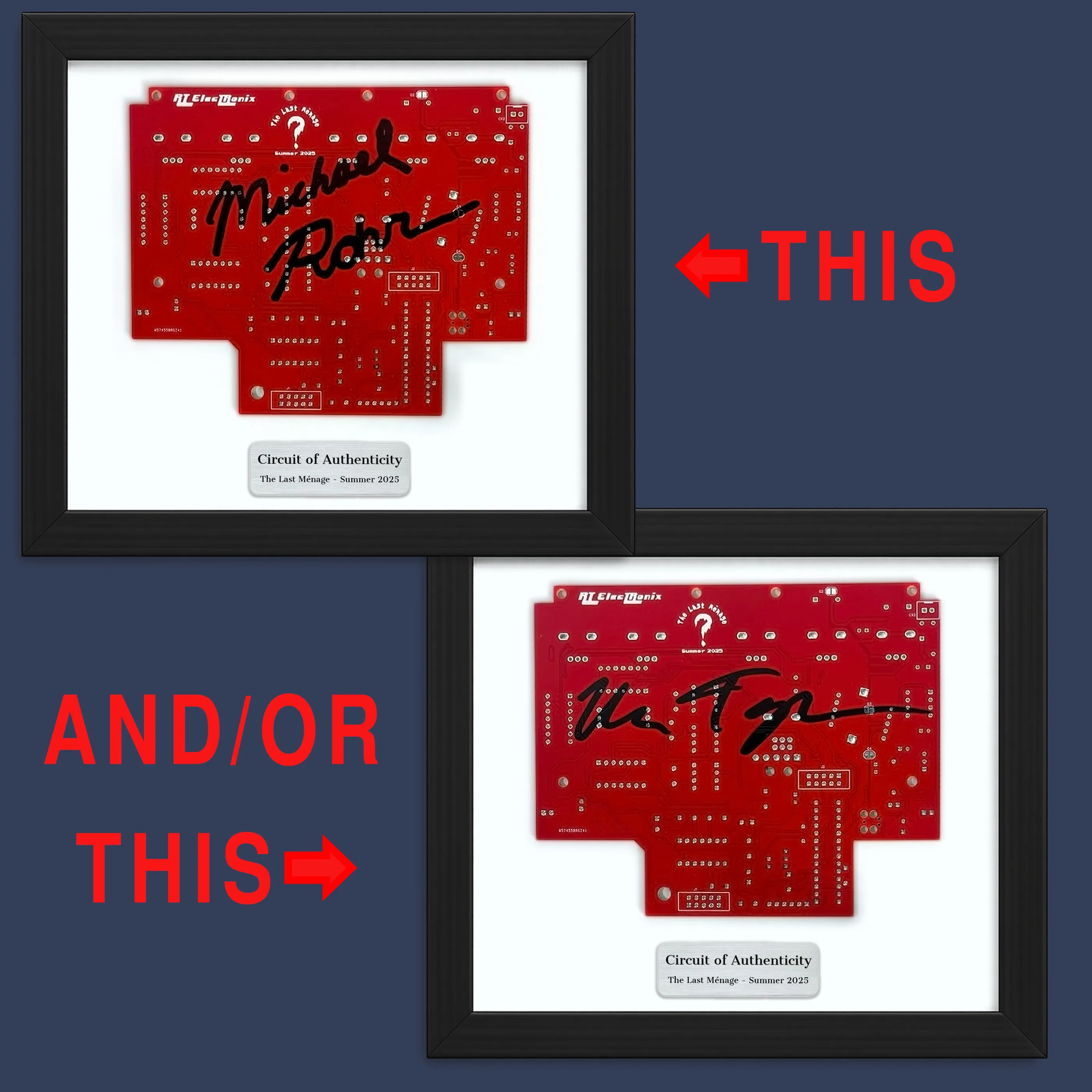 Red Threeway circuit board signed by one RT ElecTRonix builder.