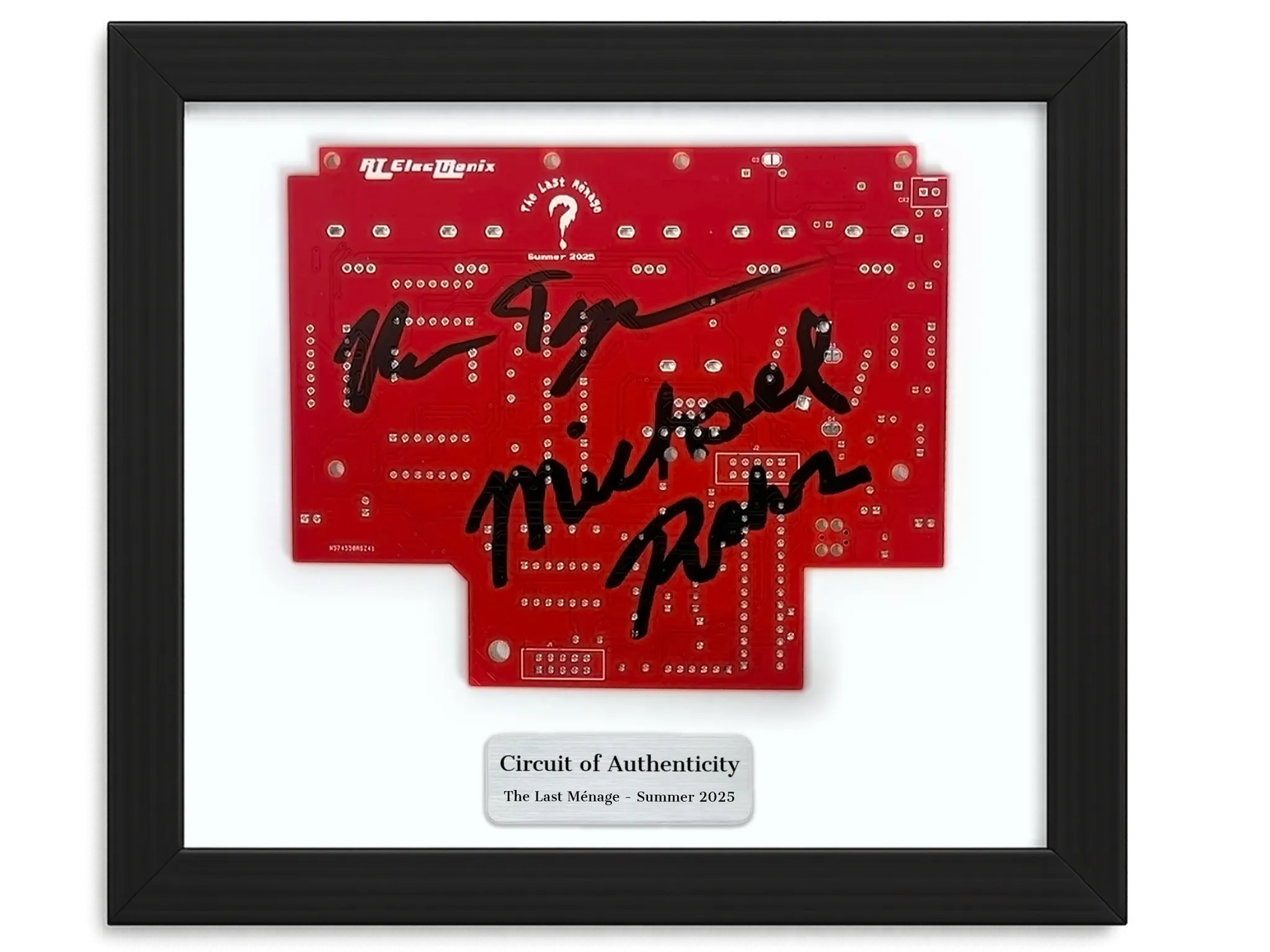 Framed red Threeway circuit board signed by two RT ElecTRonix builders.
