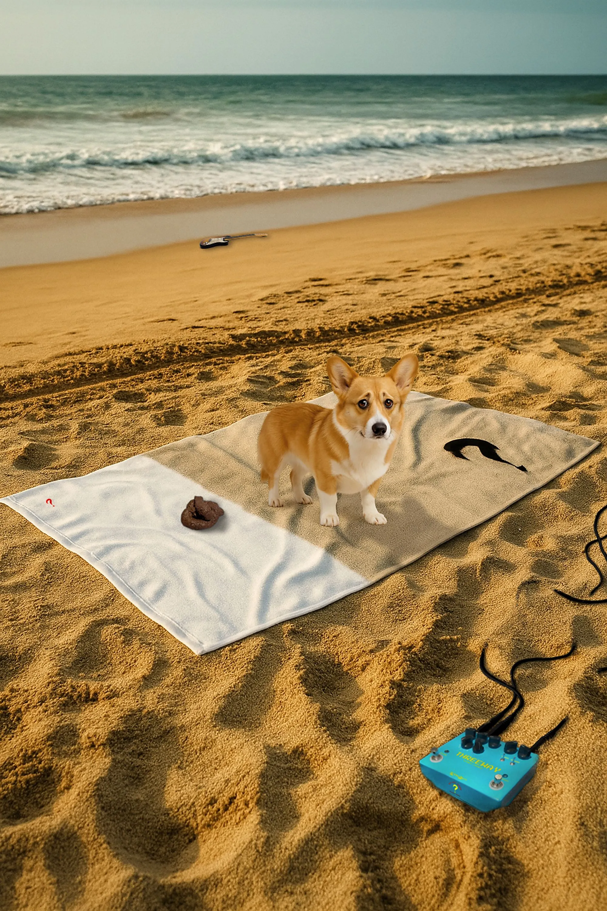A corgi standing on a towel beside a Threeway chorus pedal on a beach