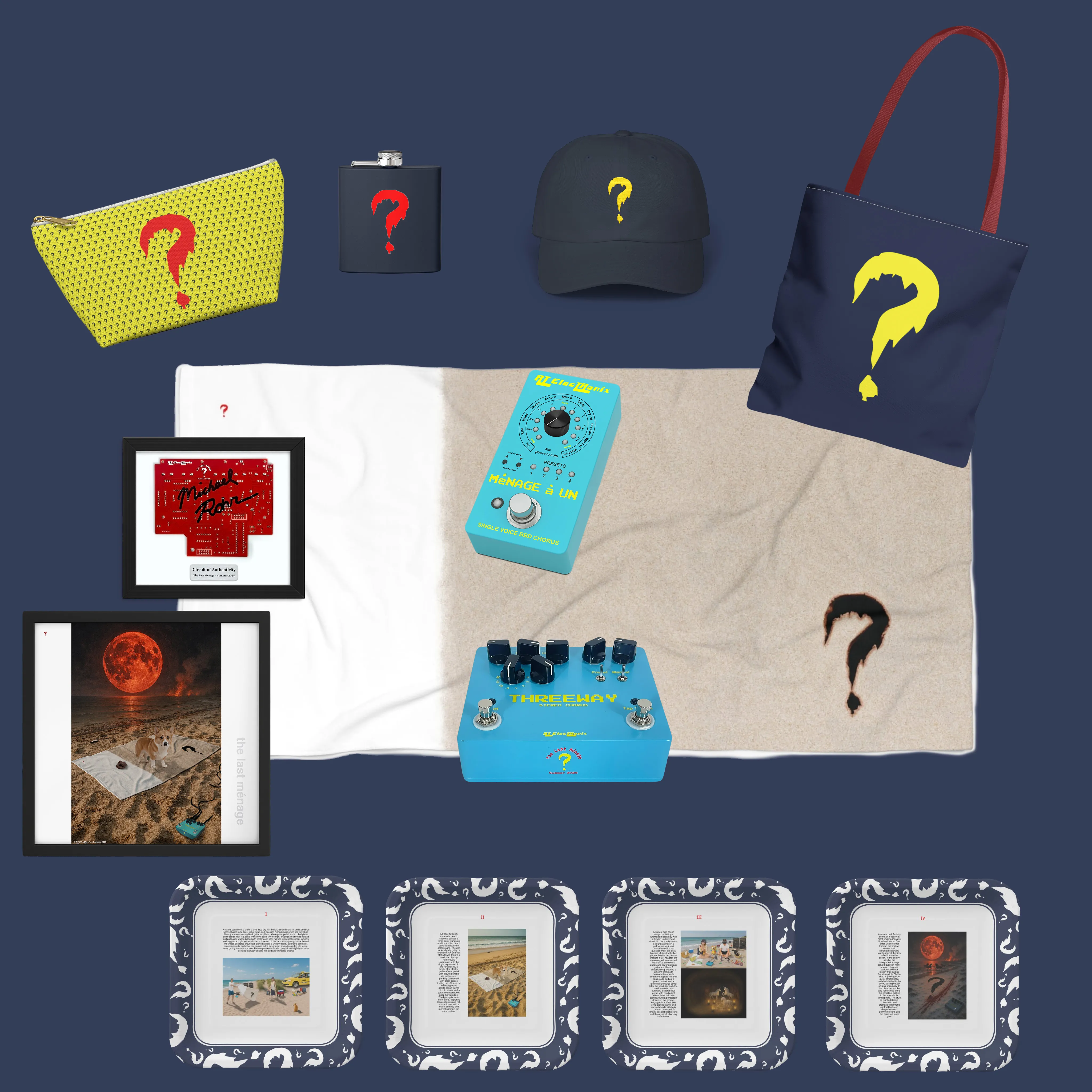 Composite of Threeway and Ménage à Un pedals with question-mark apparel, towel, framed artwork, signed circuit board, and four collectible plates.
