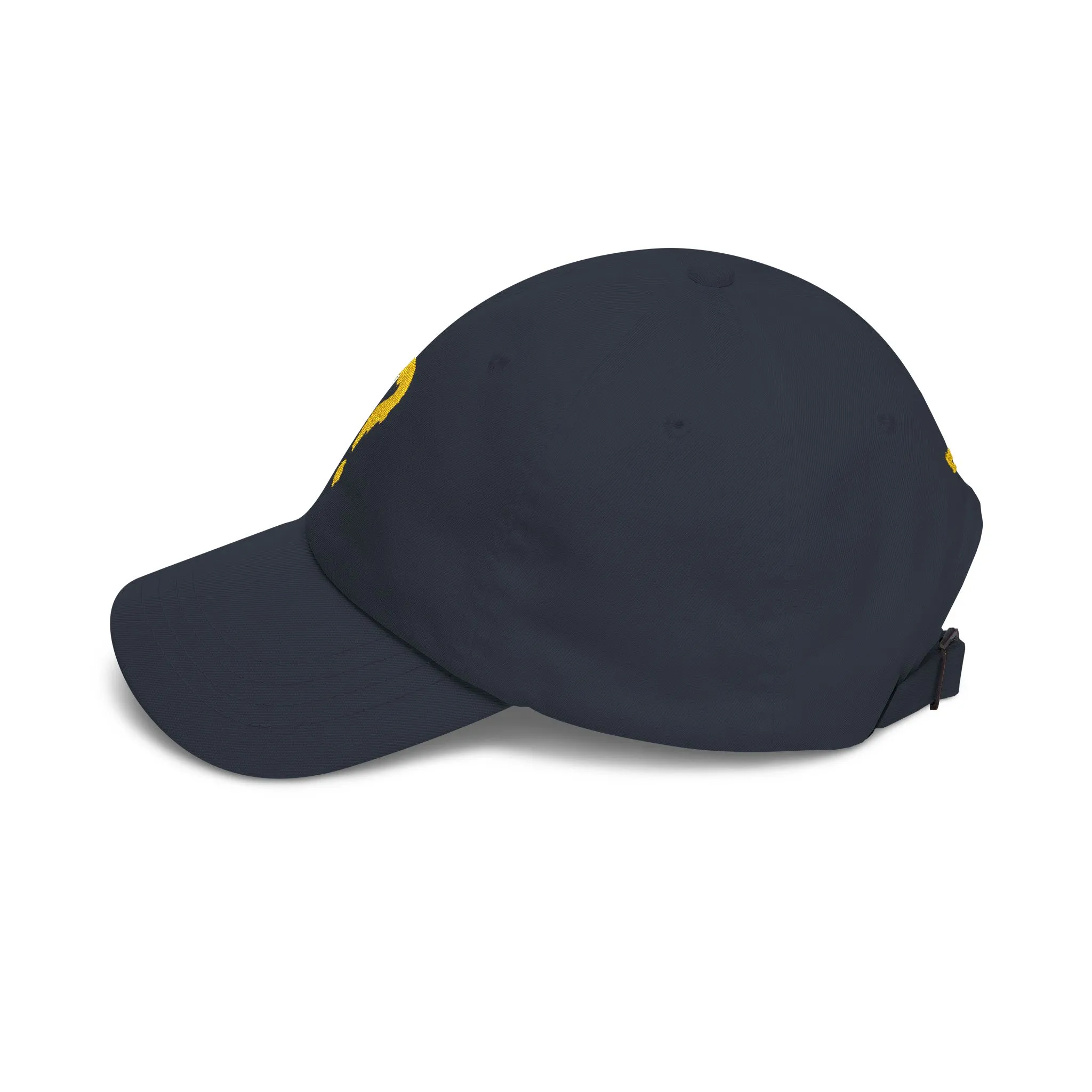 Navy baseball cap embroidered with a yellow question mark, shown in product and modeled views.