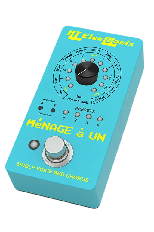 AI-generated concept rendering of a light blue Ménage à Un chorus pedal with a central mode control, four preset buttons, and one footswitch."