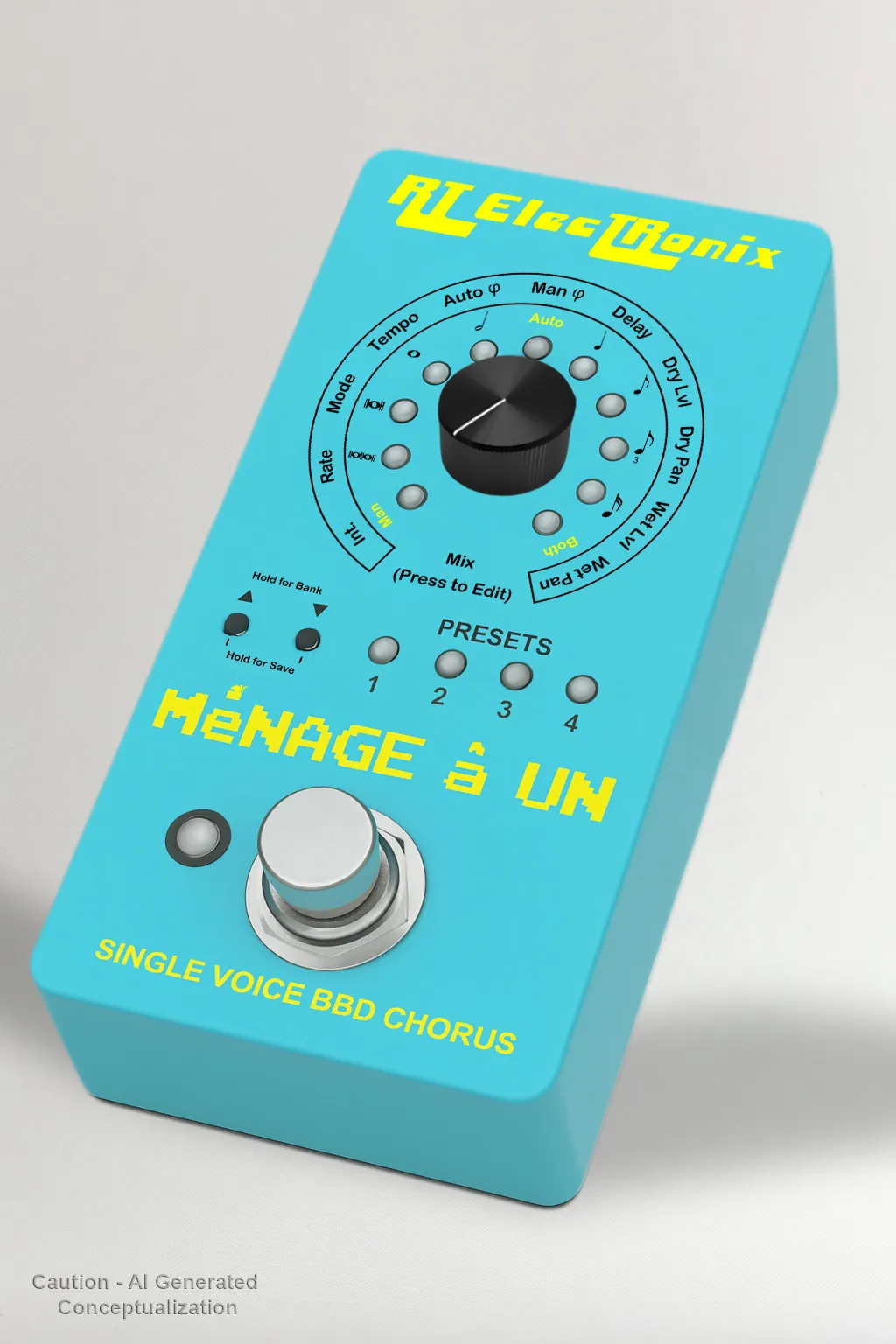 AI-generated concept rendering of a light blue Ménage à Un chorus pedal with a central mode control, four preset buttons, and one footswitch."