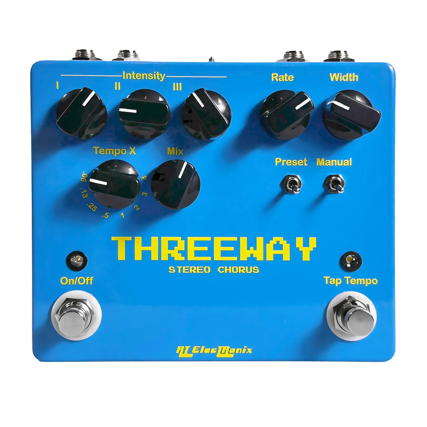 Front view of a blue original style Threeway stereo chorus pedal.