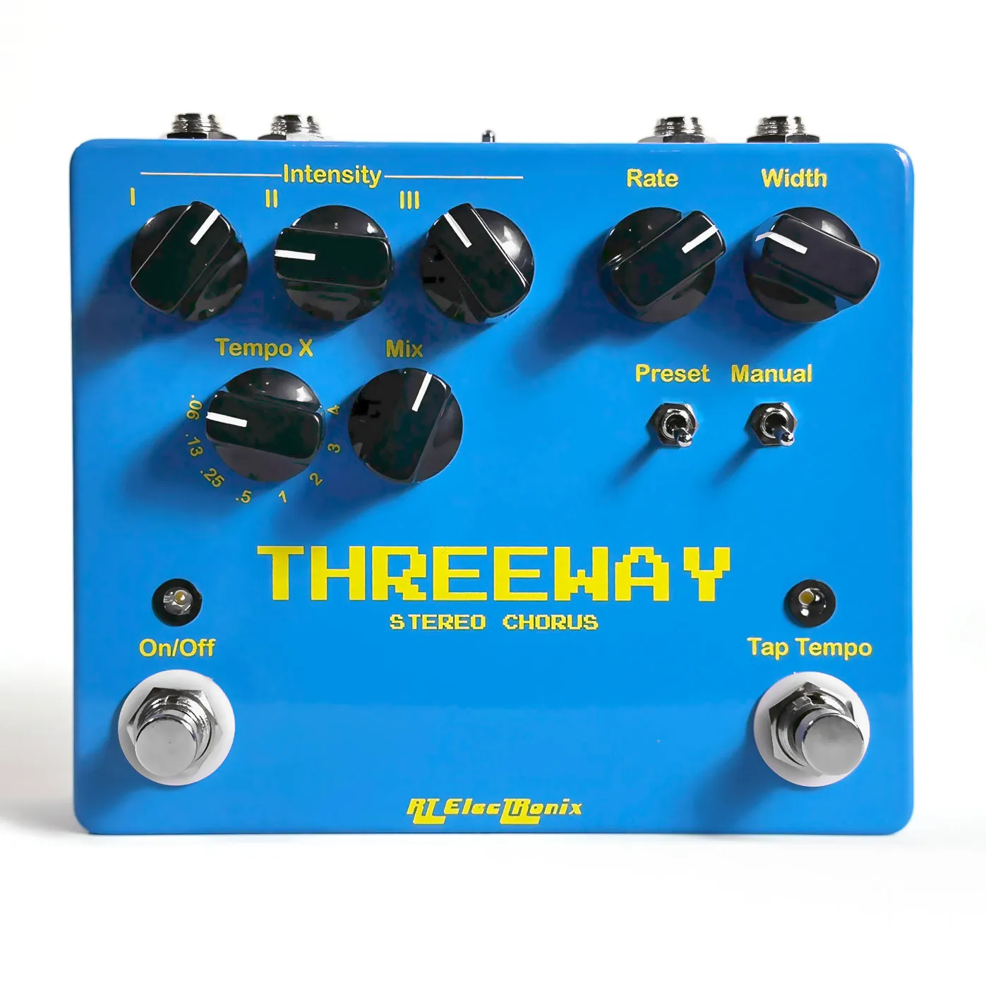 Front view of a blue original style Threeway stereo chorus pedal.
