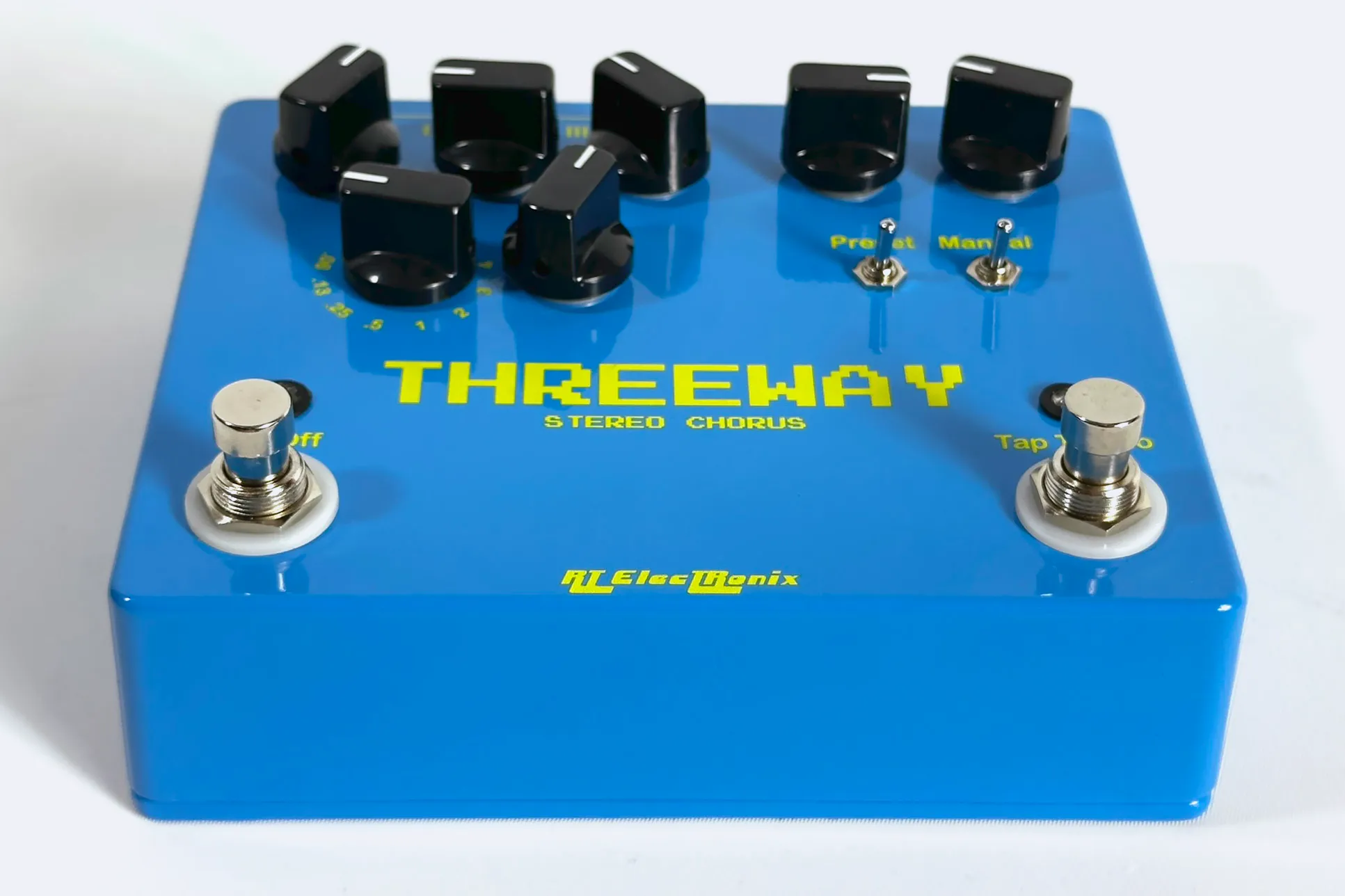 Front view of a blue original style Threeway stereo chorus pedal.