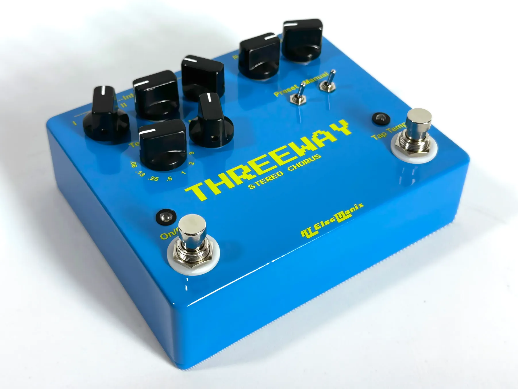 Front view of a blue original style Threeway stereo chorus pedal.