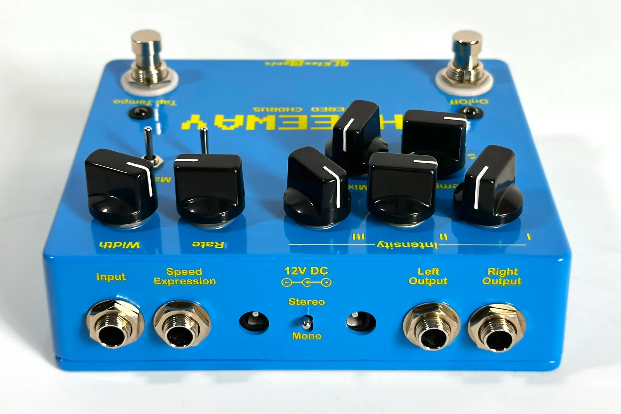 Front view of a blue original style Threeway stereo chorus pedal.