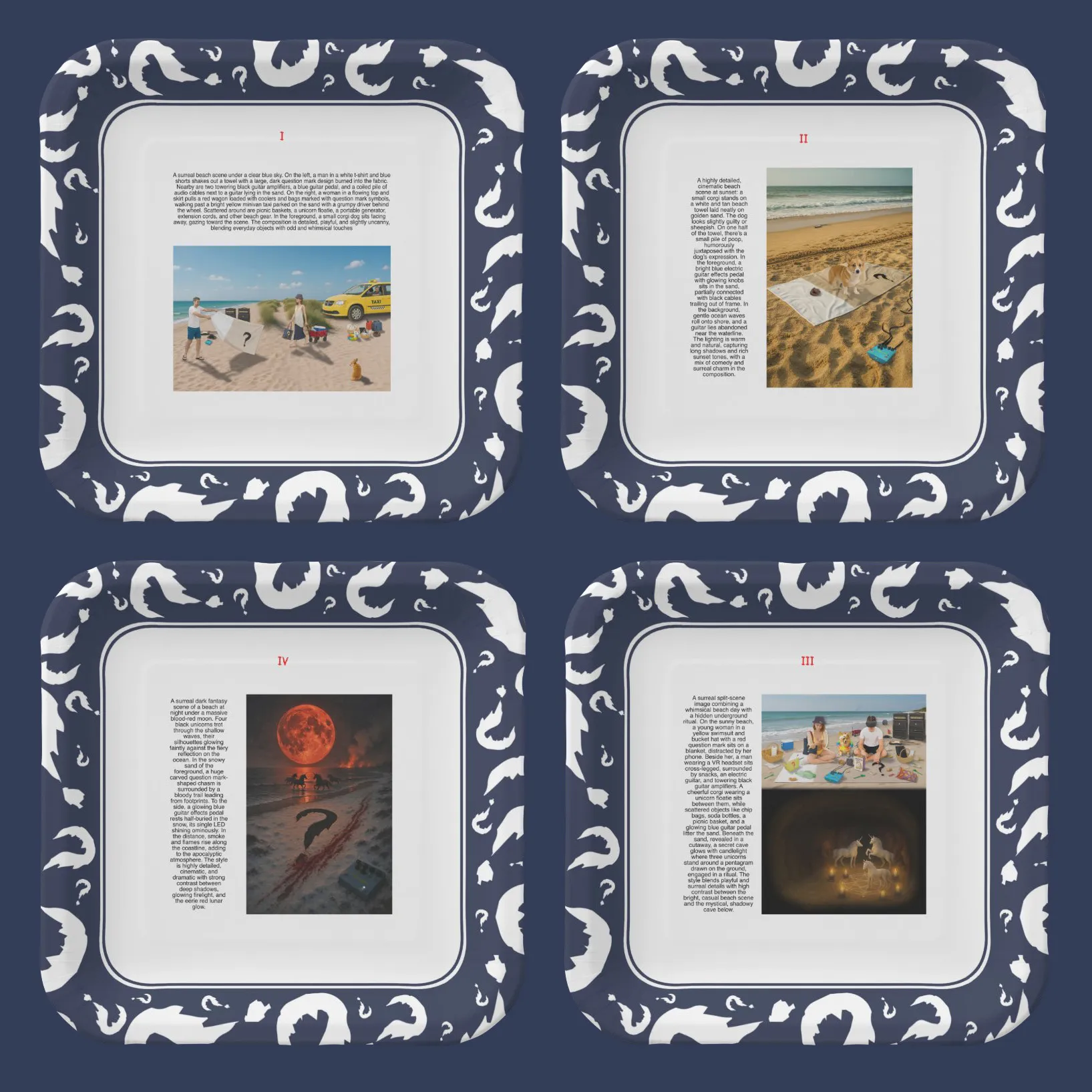 Set of four square paper plates with navy question-mark borders and illustrated beach scenes.