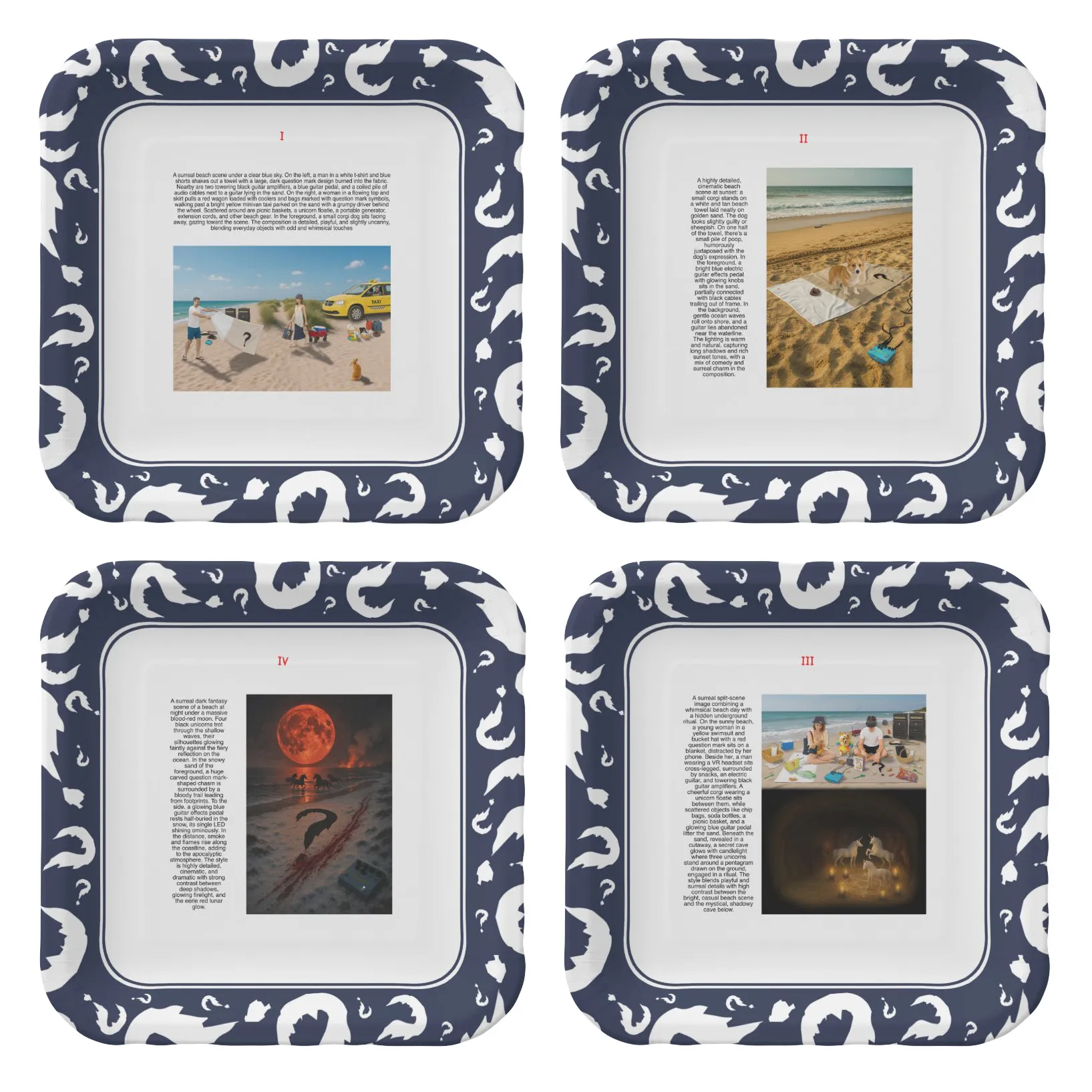 Set of four square paper plates with navy question-mark borders and illustrated beach scenes.