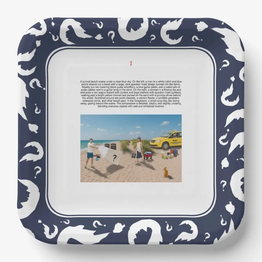 Set of four square paper plates with navy question-mark borders and illustrated beach scenes.