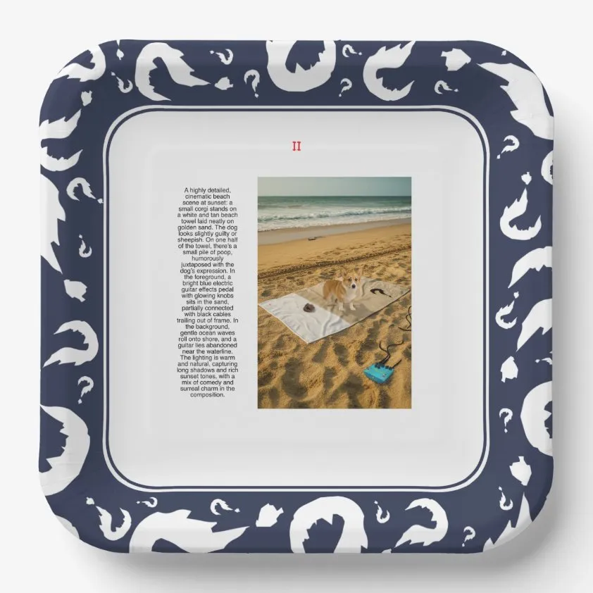 Set of four square paper plates with navy question-mark borders and illustrated beach scenes.
