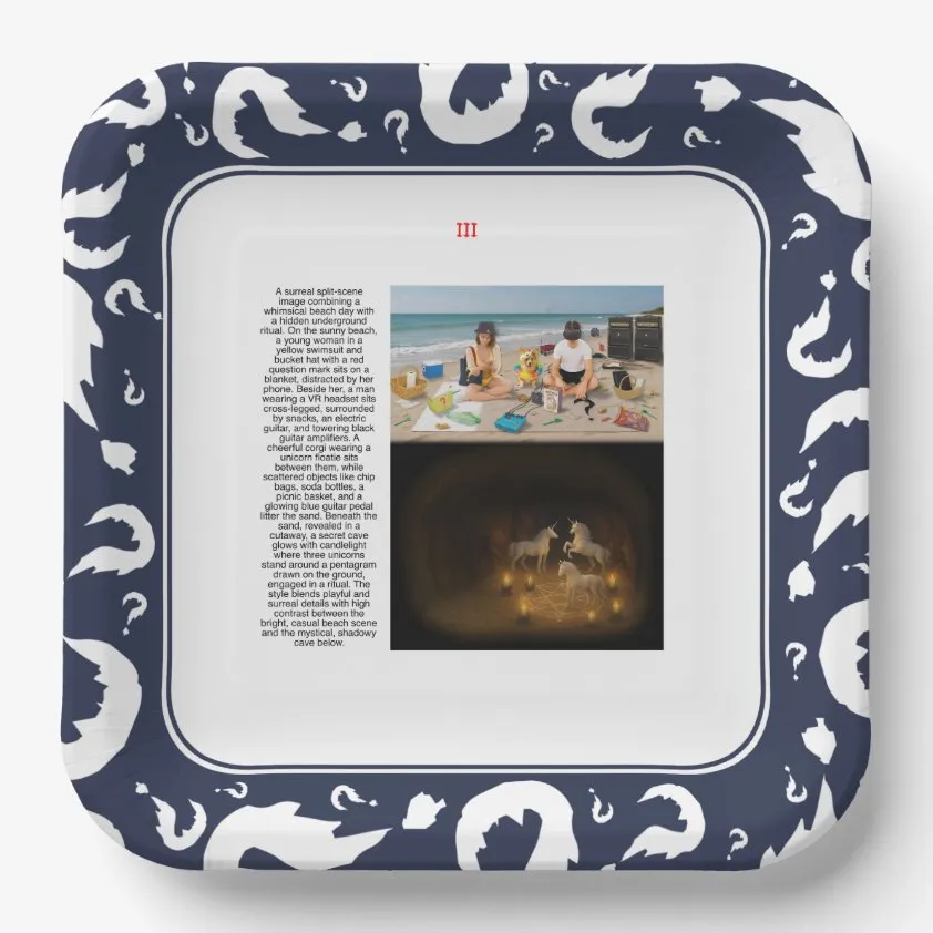 Set of four square paper plates with navy question-mark borders and illustrated beach scenes.