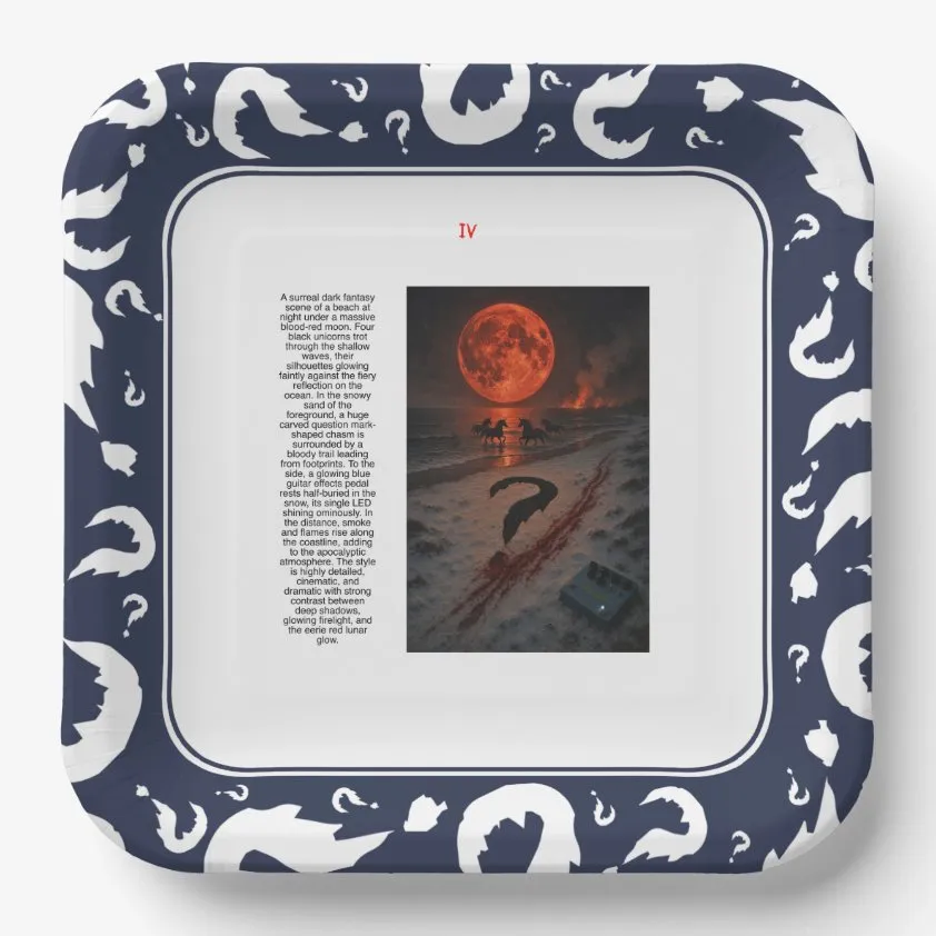 Set of four square paper plates with navy question-mark borders and illustrated beach scenes.