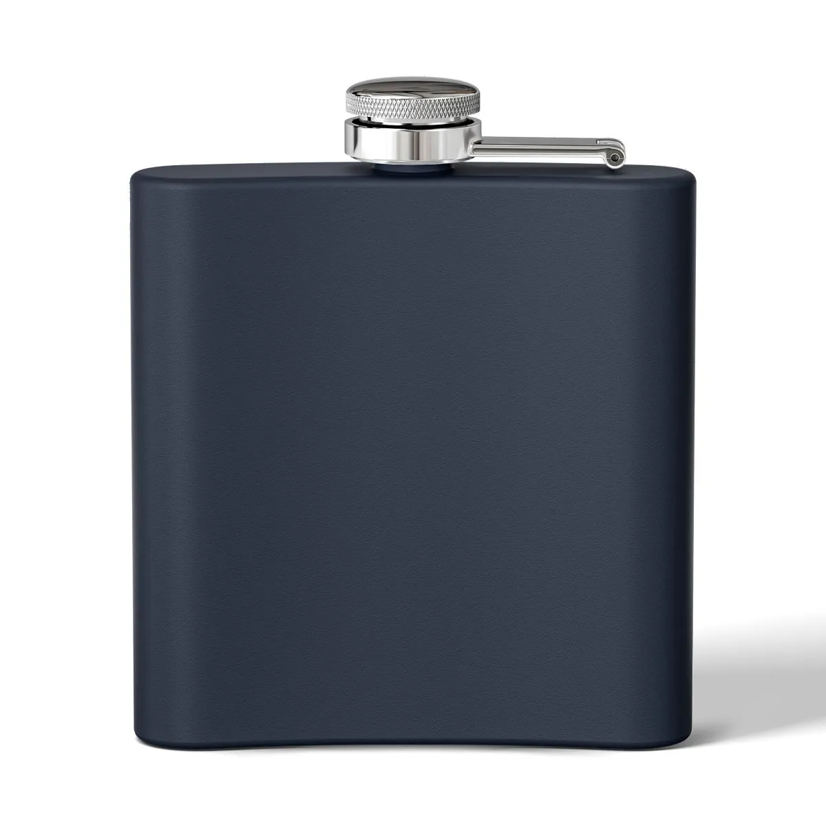 Navy metal hip flask with a red question mark and silver screw cap.