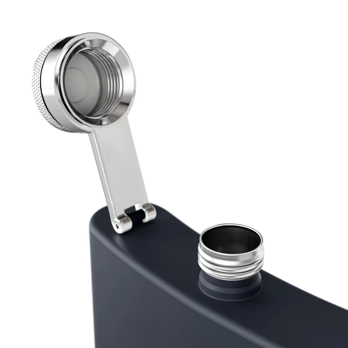 Navy metal hip flask with a red question mark and silver screw cap.