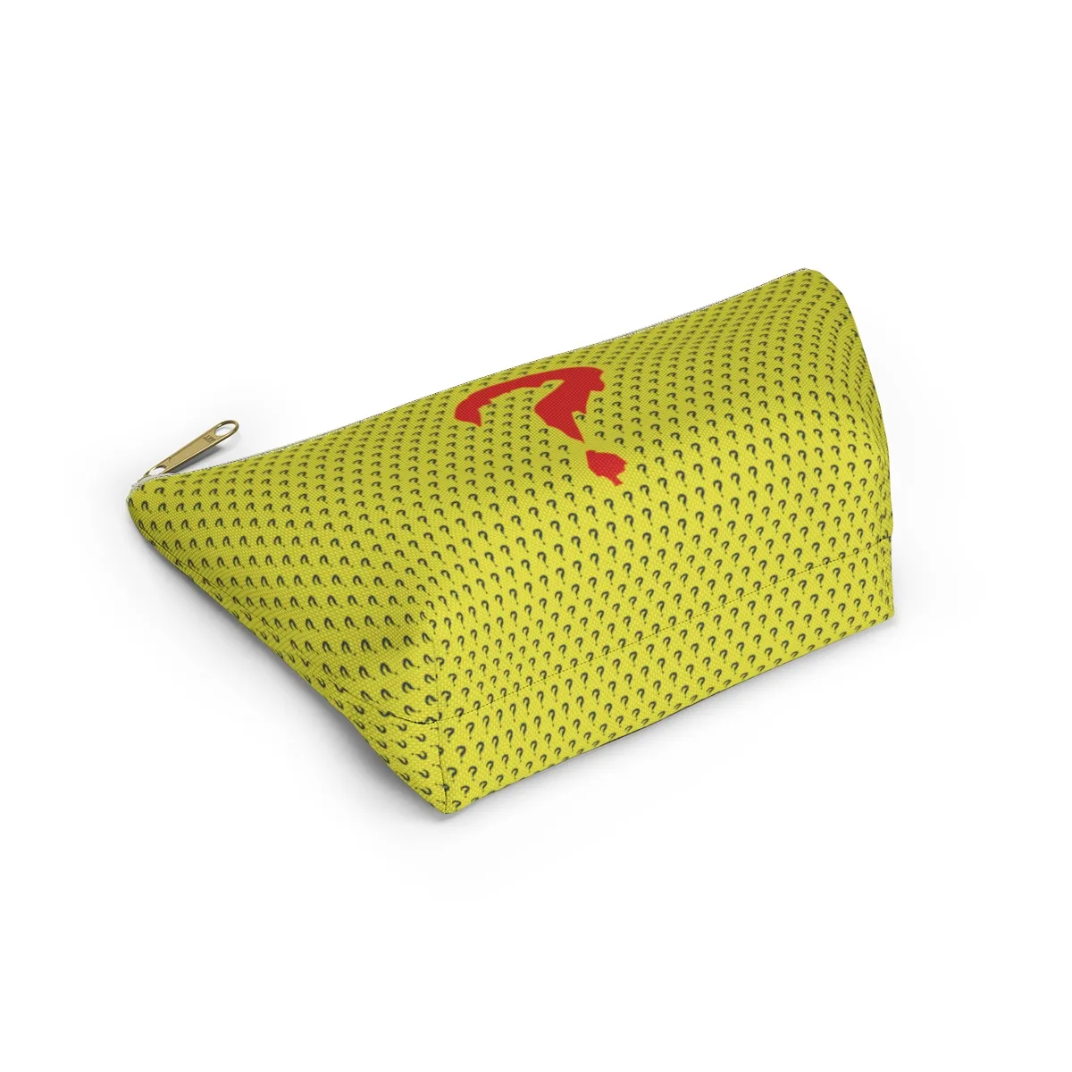 Yellow zippered travel pouch patterned with small navy question marks and a large red question mark.