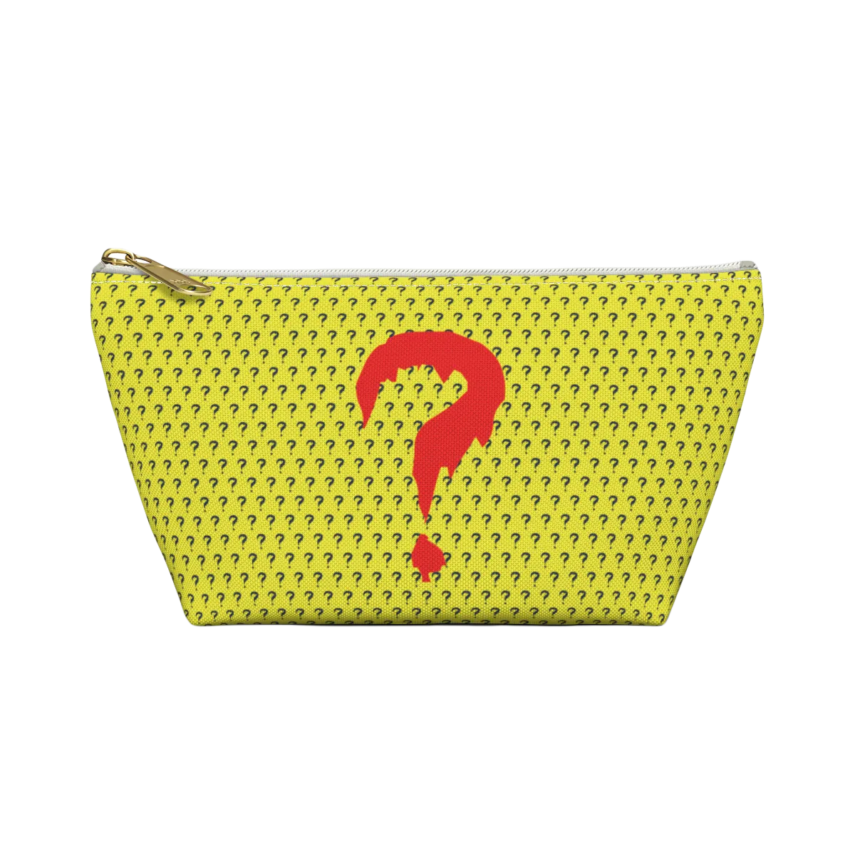 Yellow zippered travel pouch patterned with small navy question marks and a large red question mark.