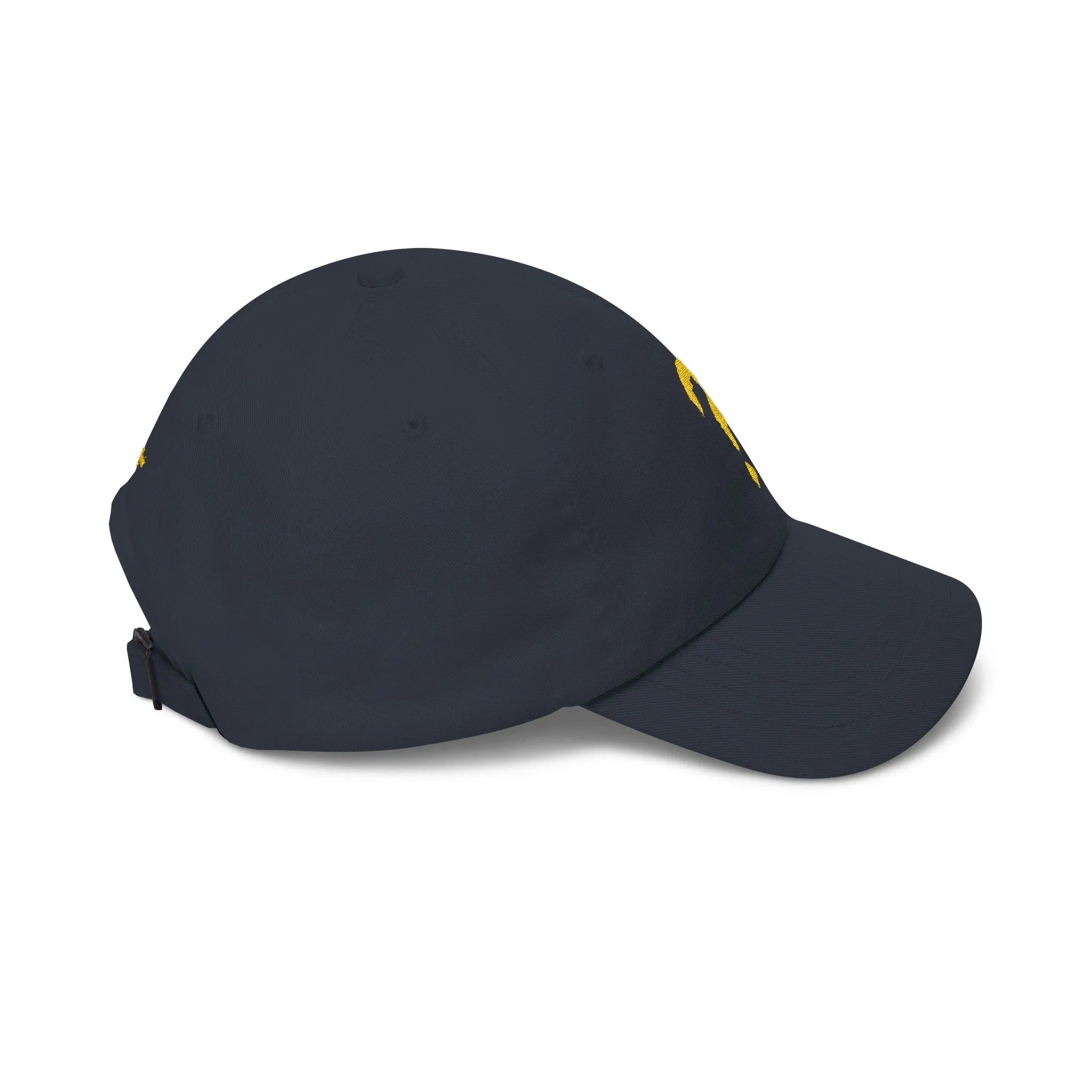 Navy baseball cap embroidered with a yellow question mark, shown in product and modeled views.