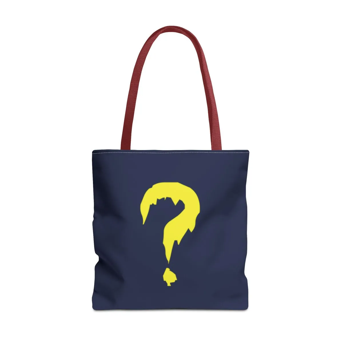 A blue canvas tote with a red handle and a large yellow question mark.