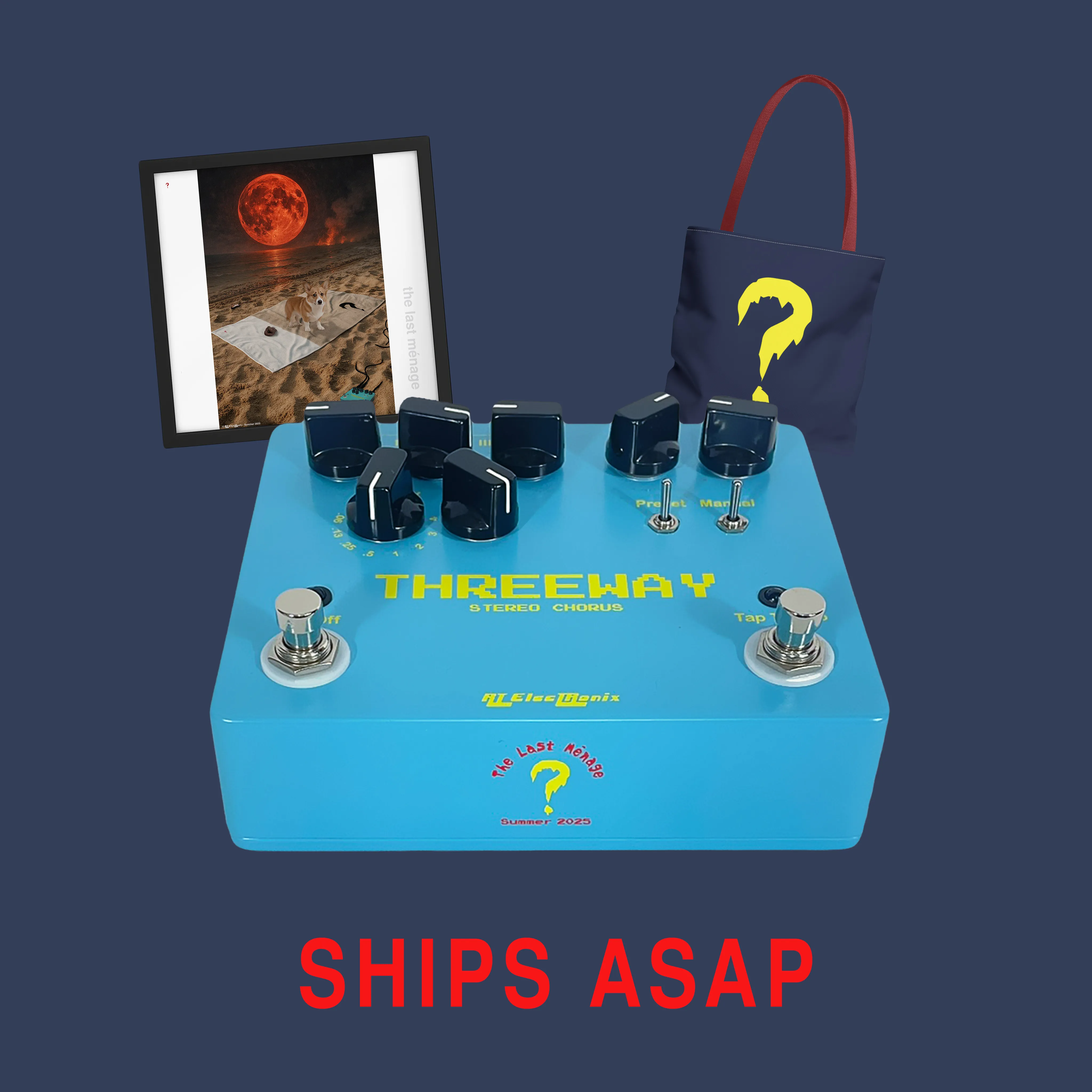 Threeway stereo chorus pedal with a question-mark tote and framed Last Ménage beach print above red Ships ASAP text.