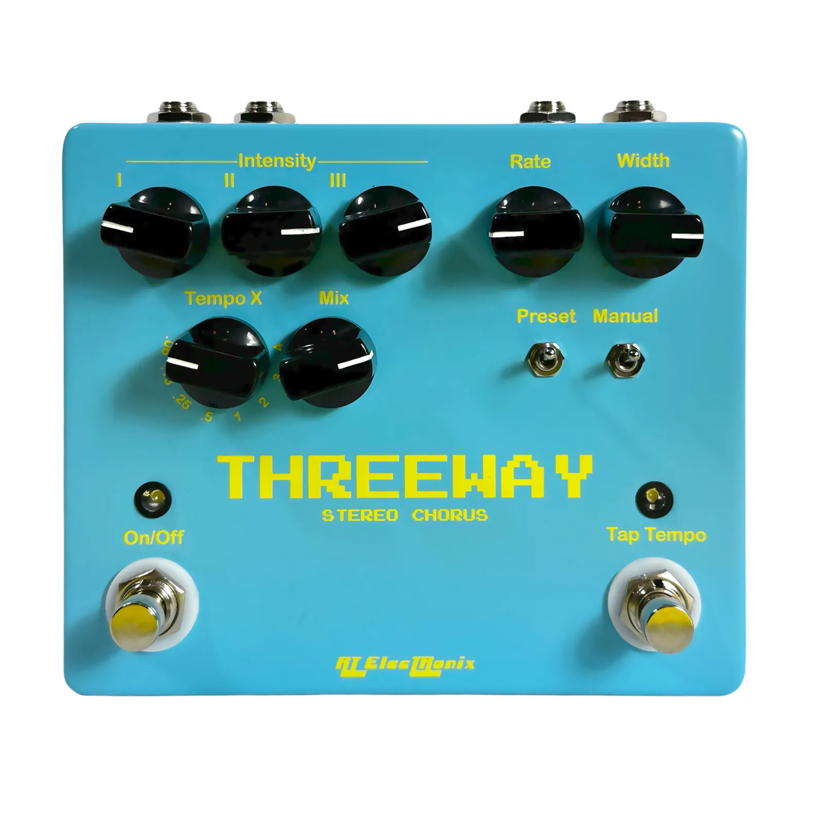 Labor Day sale poster featuring several blue Threeway chorus pedals and announcing 19% off all orders through September 7.