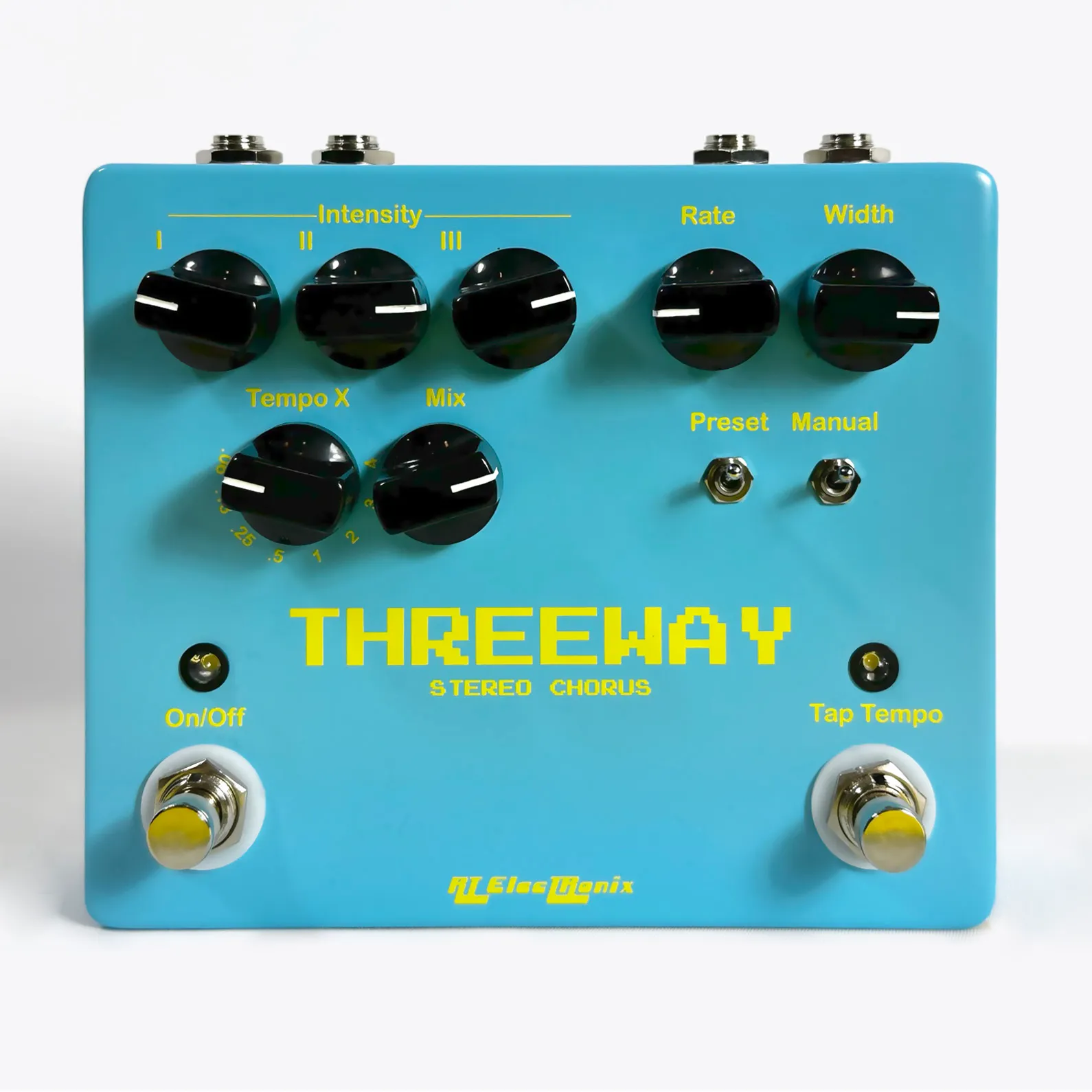 Labor Day sale poster featuring several blue Threeway chorus pedals and announcing 19% off all orders through September 7.