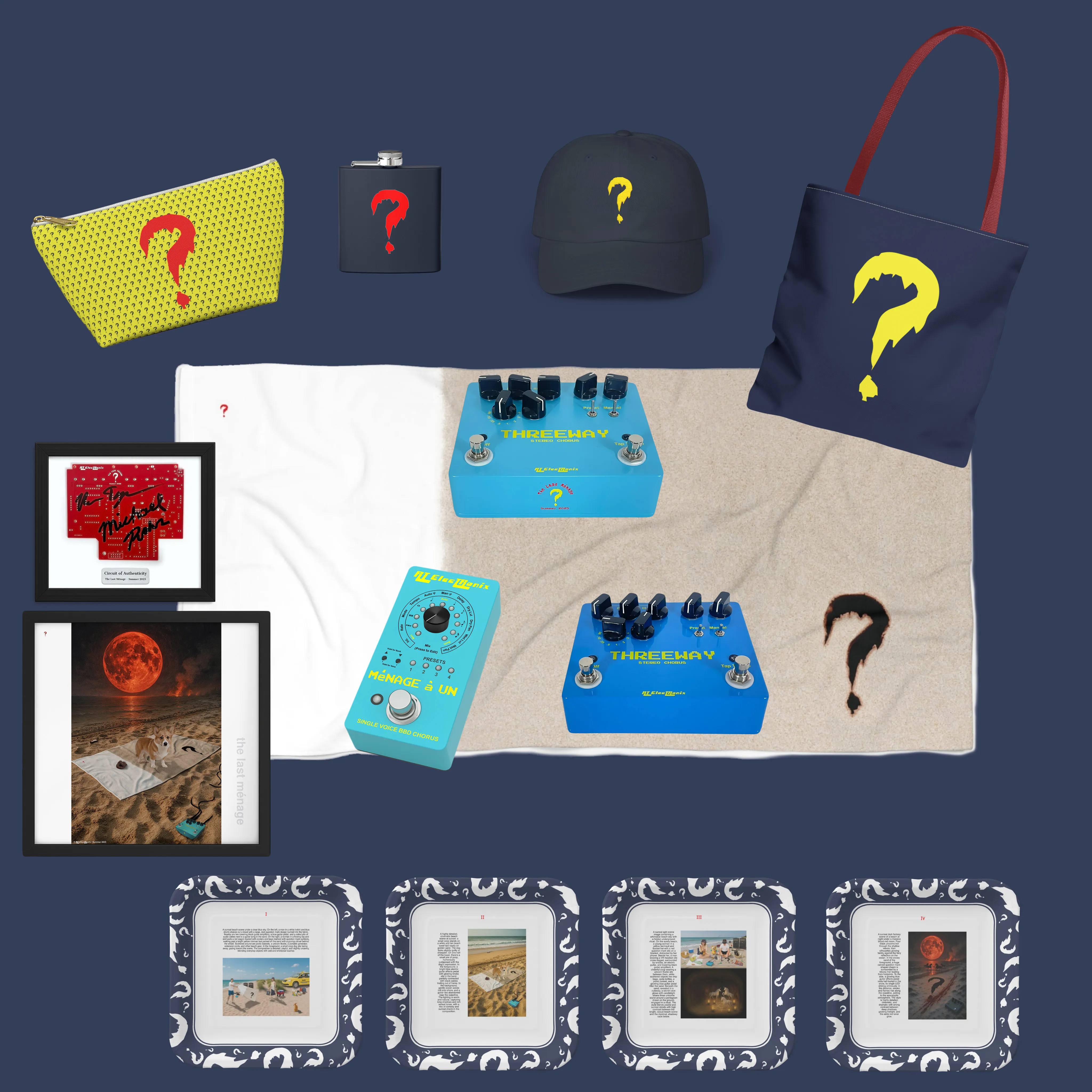 Composite of two Threeway pedals, a Ménage à Un pedal, question-mark apparel, towel, framed artwork, signed circuit board, and four collectible plates.